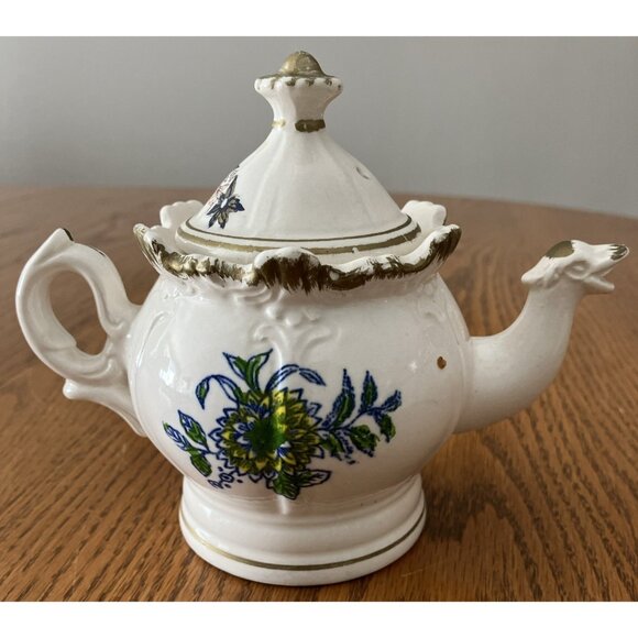 Porcelain Blue Floral Teapot With Gold Details & Bird Spout 5 1/2” - Picture 2 of 6